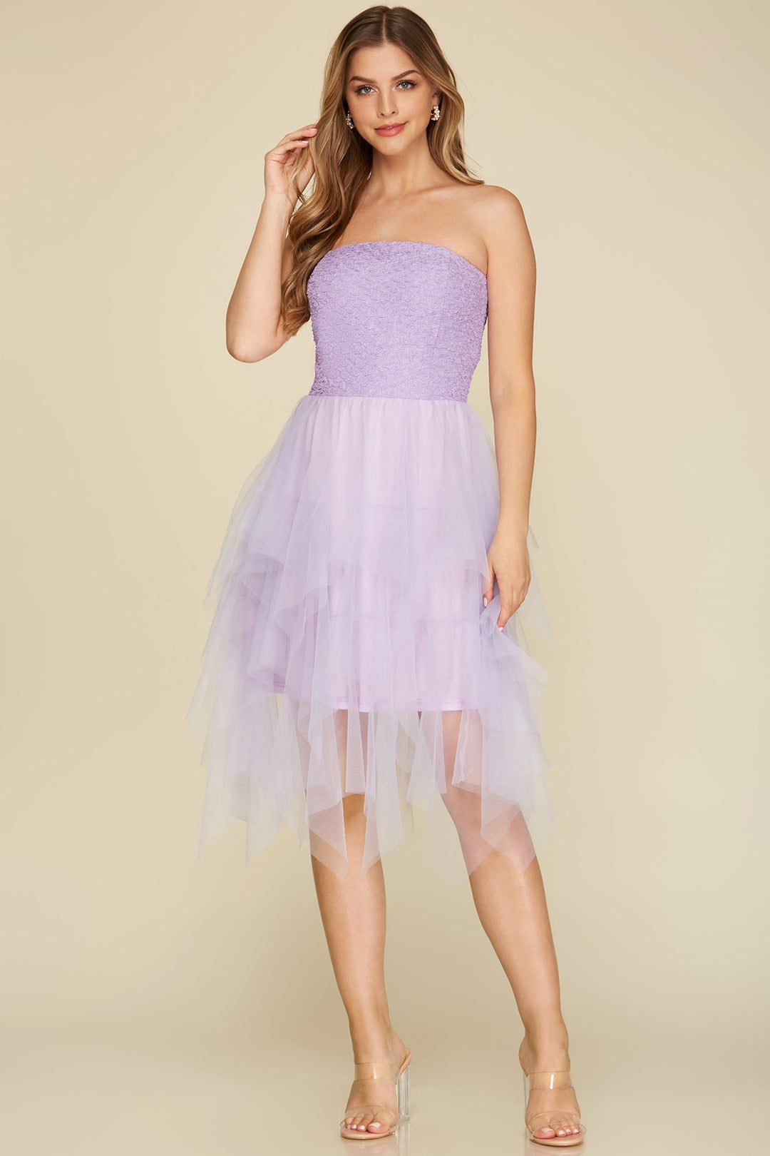 TEXTURED KNIT TUBE TULLE ASYMMETRICAL HEM MINI DRESS