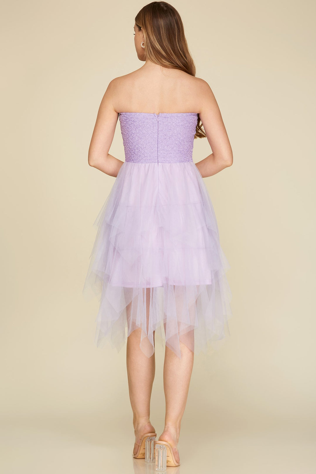 TEXTURED KNIT TUBE TULLE ASYMMETRICAL HEM MINI DRESS