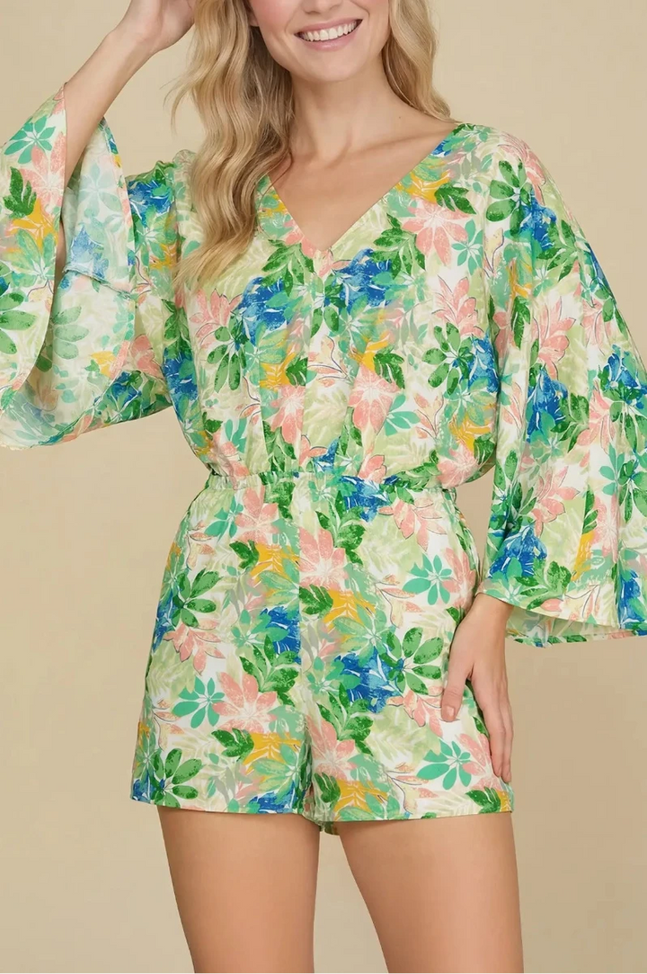GREEN FLORAL PRINT KIMONO SLEEVES WOVEN ROMPER