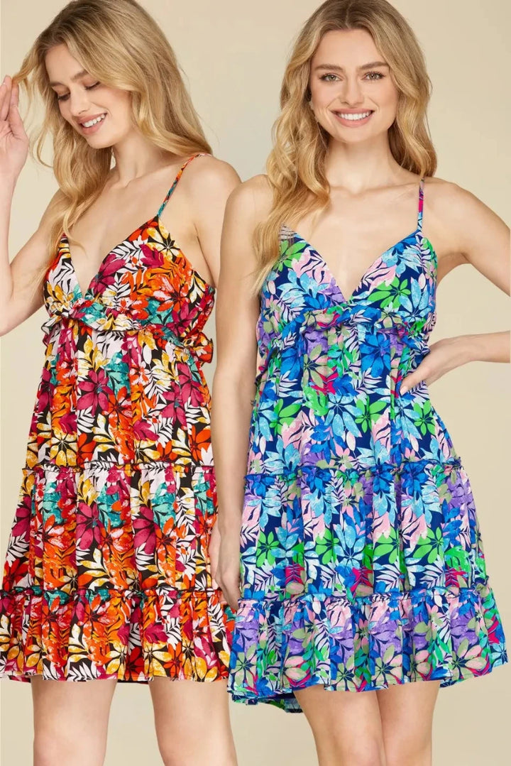 BLACK FLORAL PRINT TIERED CAMI WOVEN MINI DRESS