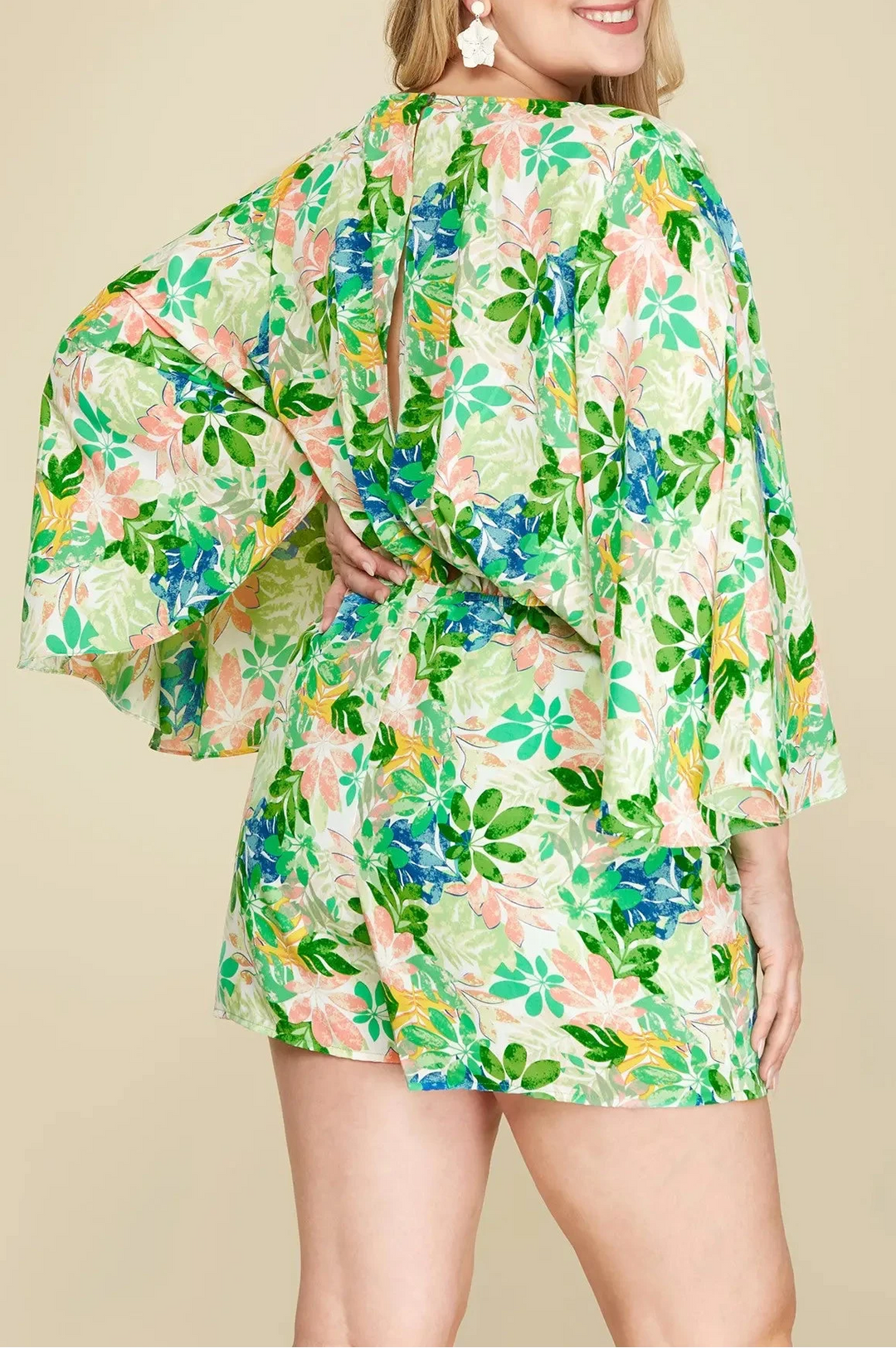 FLORAL PRINT KIMONO SLEEVES WOVEN PLUS SIZE ROMPER