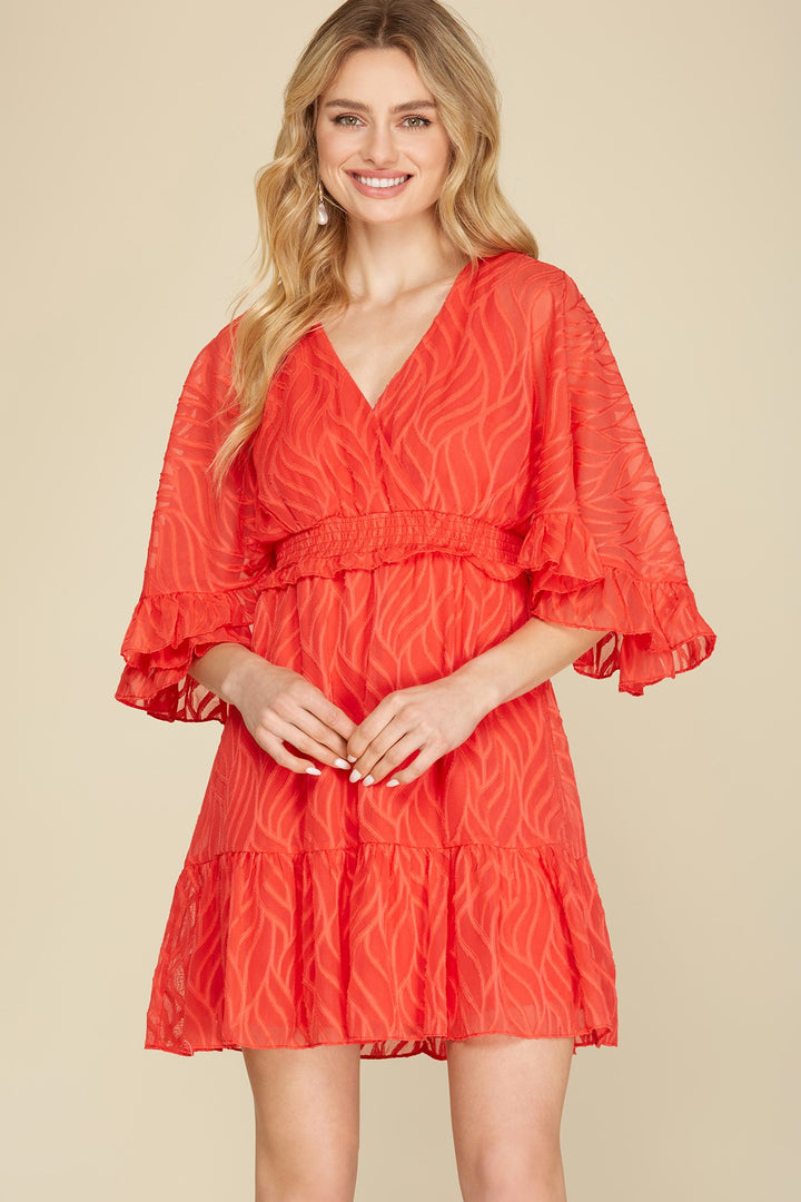 KIMONO SLEEVES TEXTURED WOVEN MINI DRESS