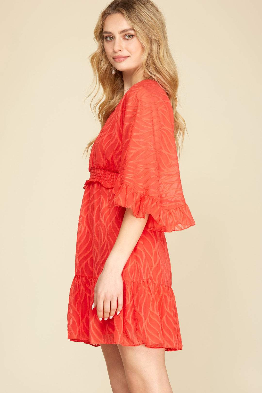 KIMONO SLEEVES TEXTURED WOVEN MINI DRESS