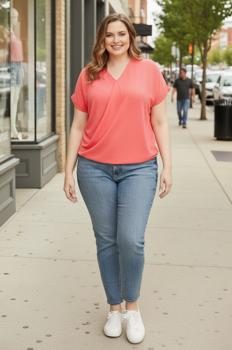 CORAL SURPLICE DROP SHOULDER BACK STRAP PLUS SIZE TOP SKPSY4445