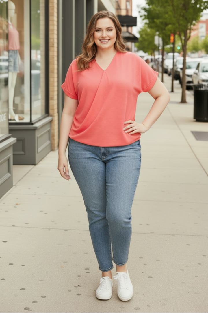 CORAL SURPLICE DROP SHOULDER BACK STRAP PLUS SIZE TOP SKPSY4445
