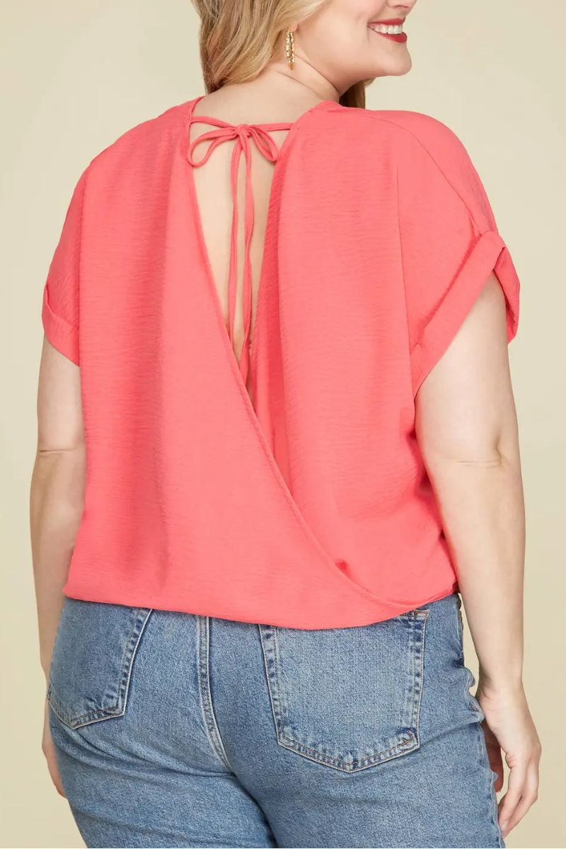 CORAL SURPLICE DROP SHOULDER BACK STRAP PLUS SIZE TOP SKPSY4445