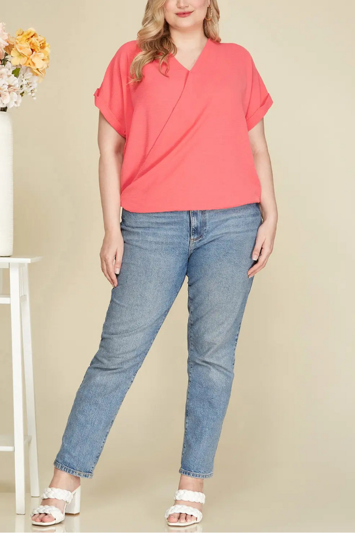 CORAL SURPLICE DROP SHOULDER BACK STRAP PLUS SIZE TOP SKPSY4445