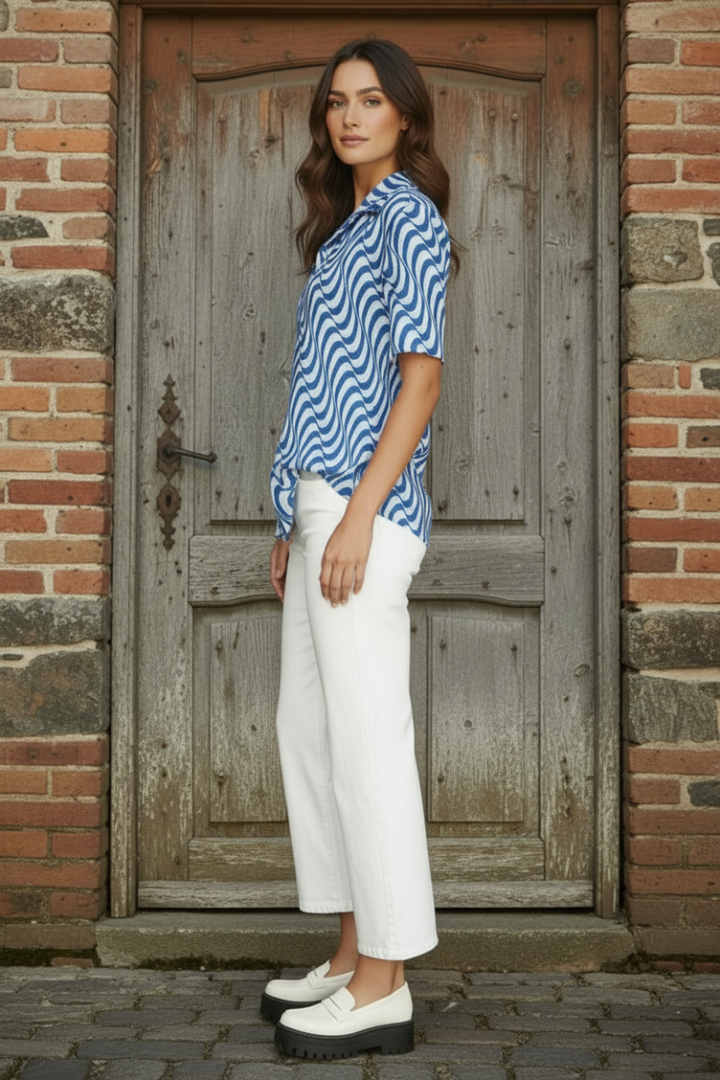 HALF SLEEVE PRINT BUTTON DOWN PLISSE TOP SKSY4901-