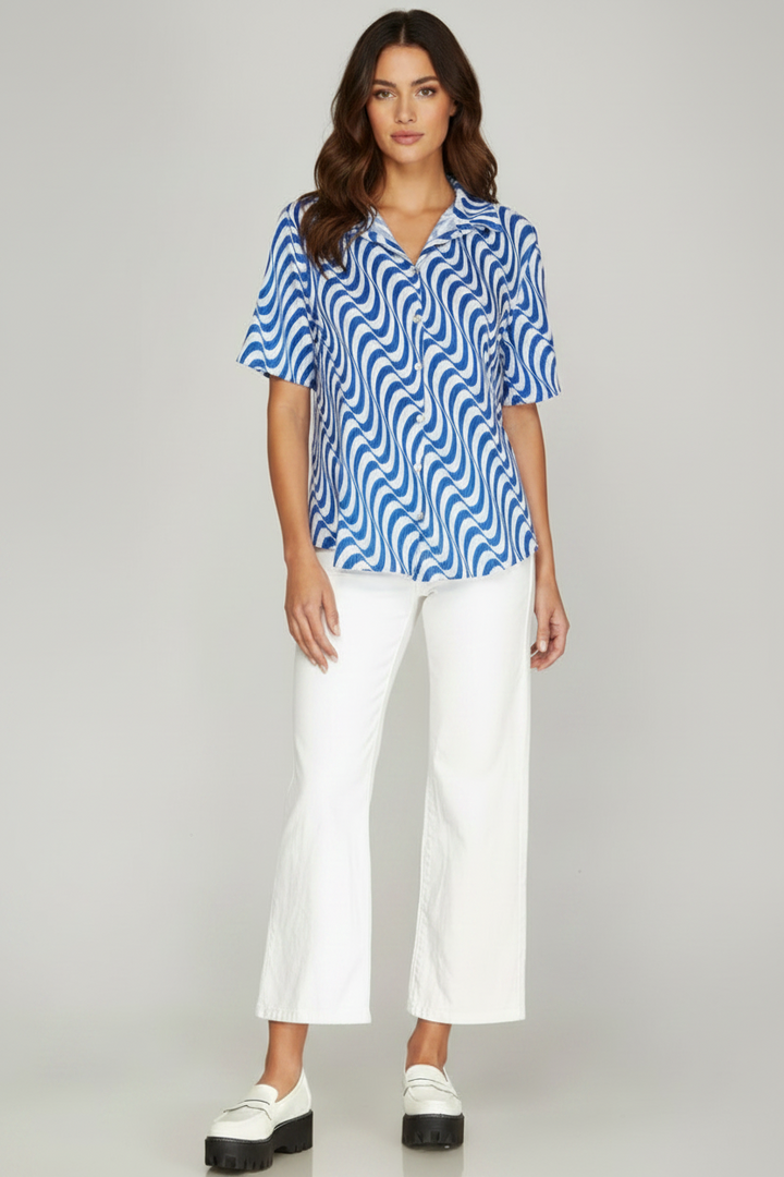 HALF SLEEVE PRINT BUTTON DOWN PLISSE TOP SKSY4901-
