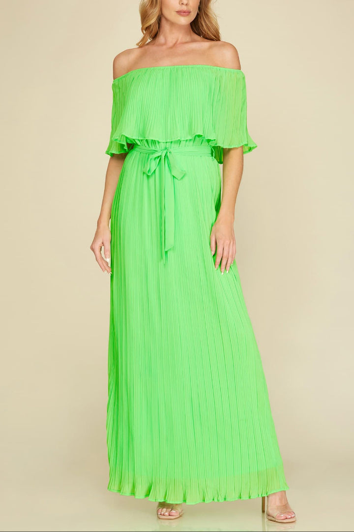 OFF SHOULDER PLEATED CHIFFON MAXI DRESS WITH WAIST SASH