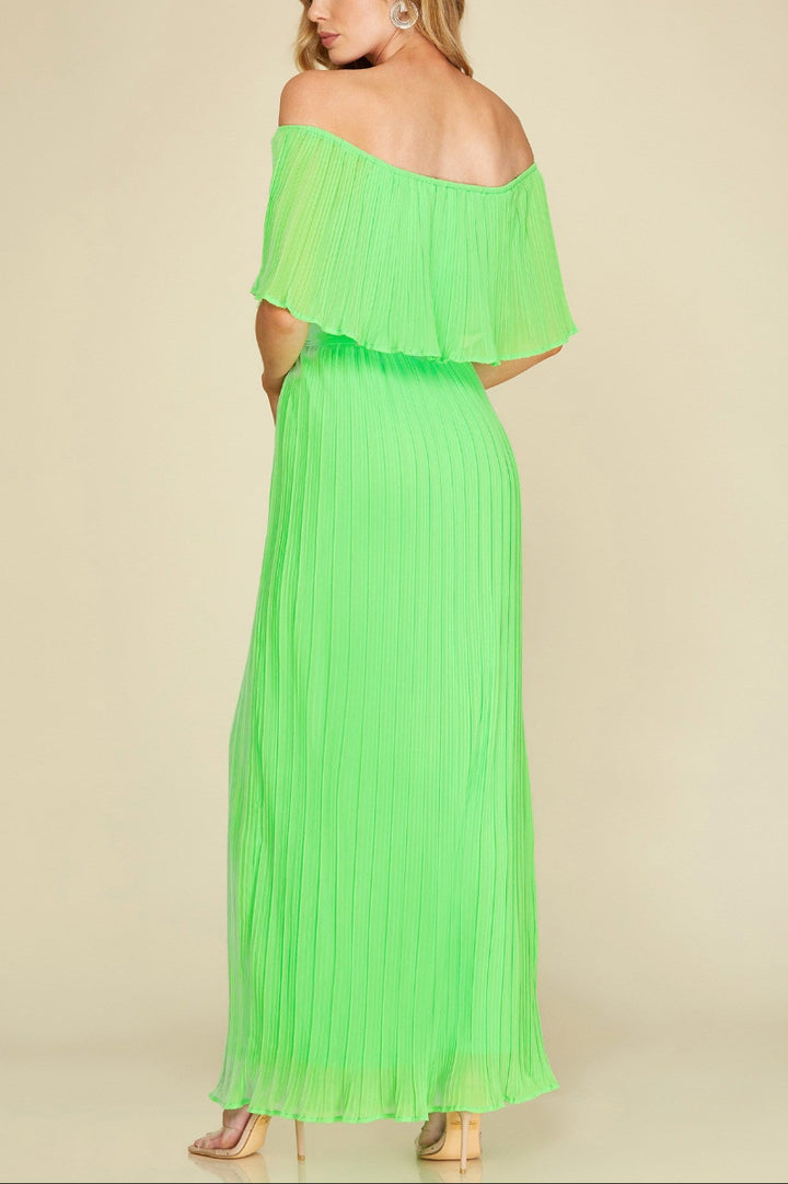 OFF SHOULDER PLEATED CHIFFON MAXI DRESS WITH WAIST SASH