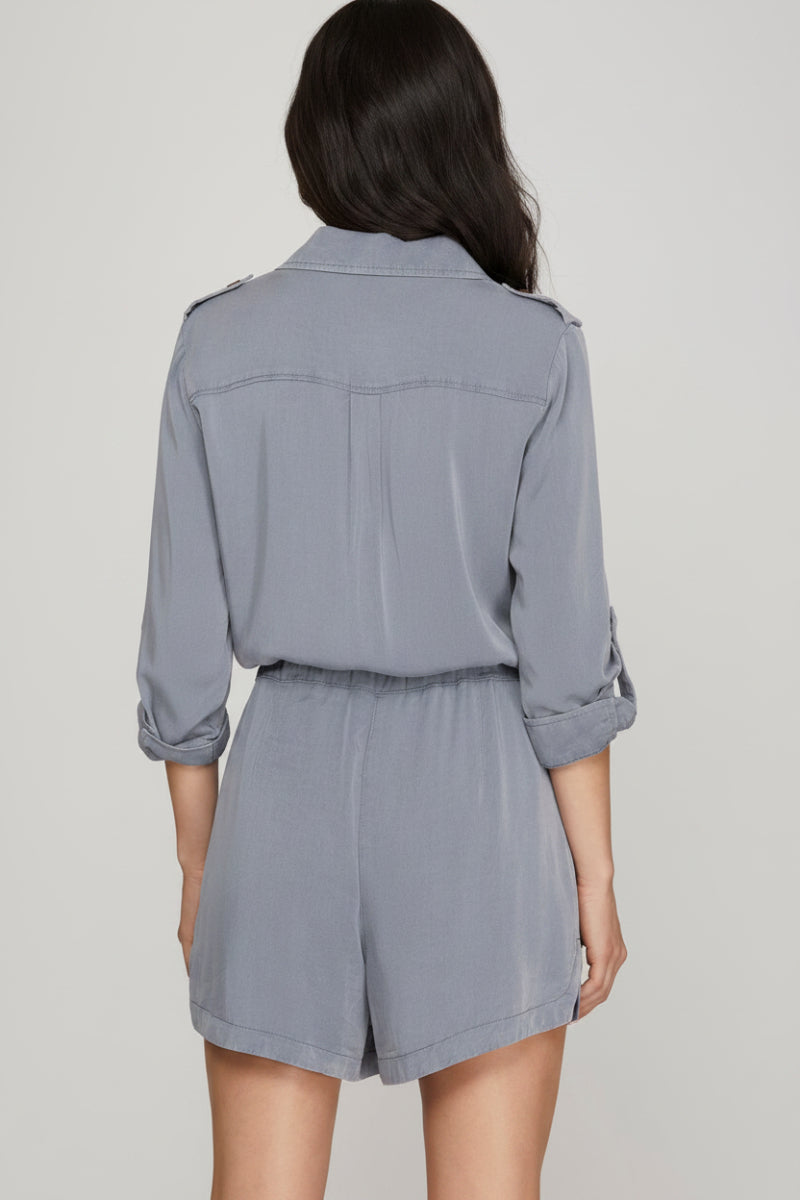 ROLL-UP SLEEVE WASHED WOVEN BUTTONED ROMPER