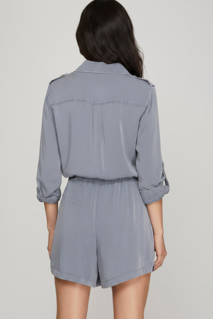 ROLL-UP SLEEVE WASHED WOVEN BUTTONED ROMPER