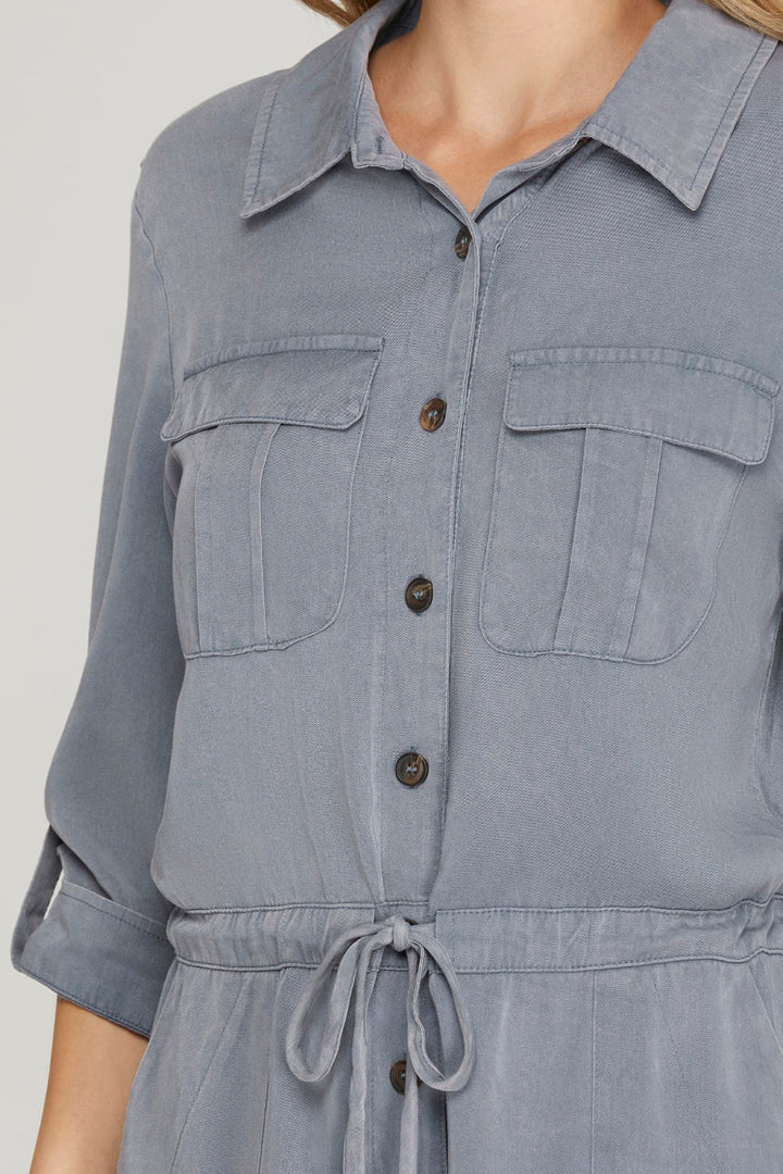 ROLL-UP SLEEVE WASHED WOVEN BUTTONED ROMPER