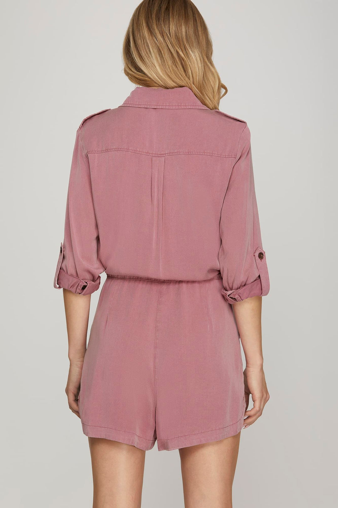 ROLL-UP SLEEVE WASHED WOVEN BUTTONED ROMPER