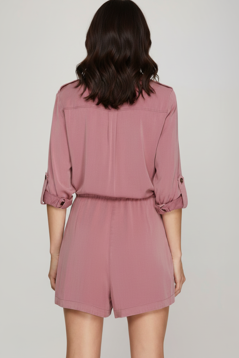 ROLL-UP SLEEVE WASHED WOVEN BUTTONED ROMPER