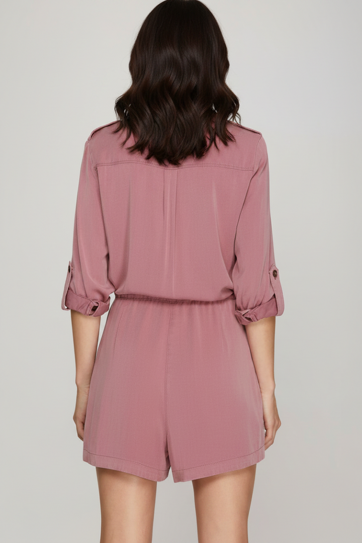 ROLL-UP SLEEVE WASHED WOVEN BUTTONED ROMPER