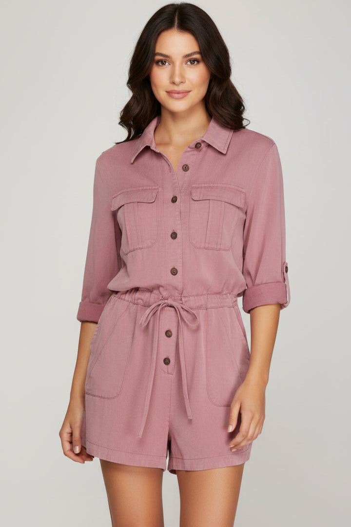 ROLL-UP SLEEVE WASHED WOVEN BUTTONED ROMPER