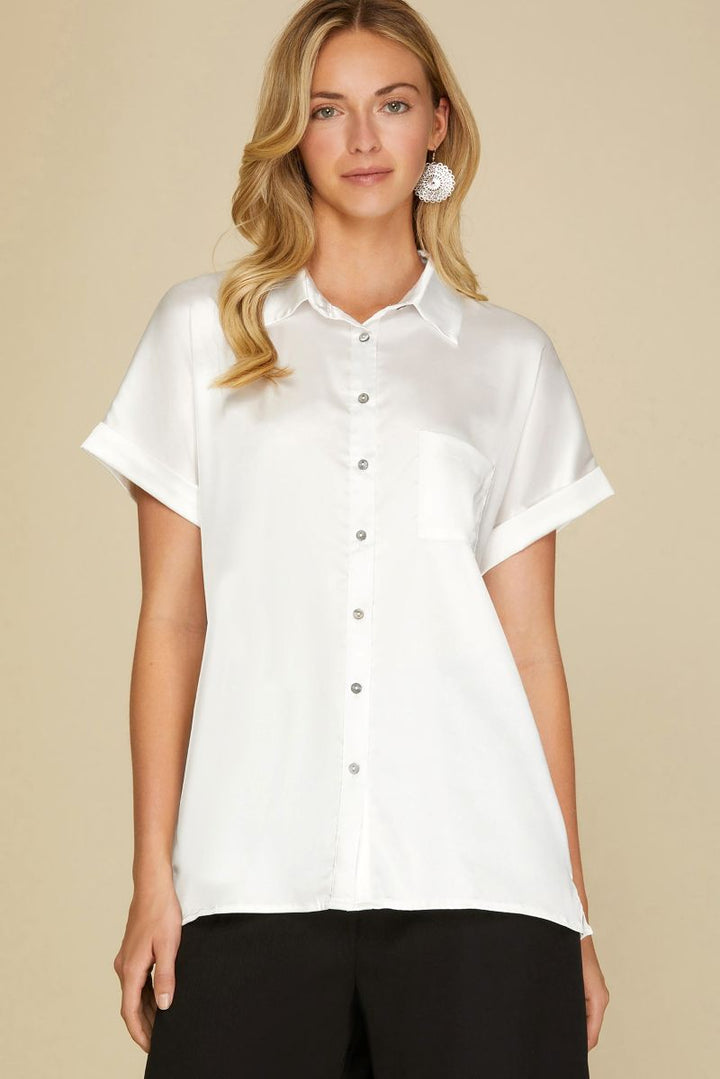DROP SHOULDER BUTTON DOWN FRONT POCKET SHIRT TOP