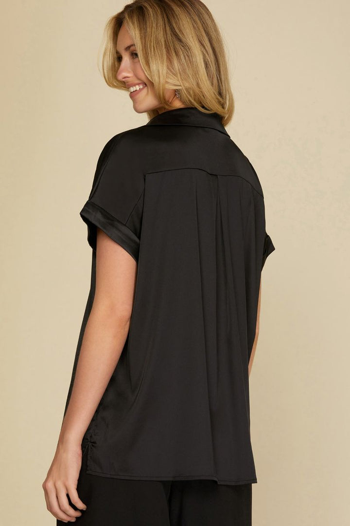 DROP SHOULDER BUTTON DOWN FRONT POCKET SHIRT TOP