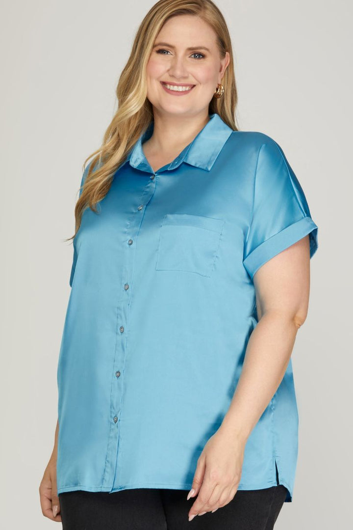 SATIN DROP SHOULDER BUTTON DOWN PLUS SIZE TOP SKPSY4838