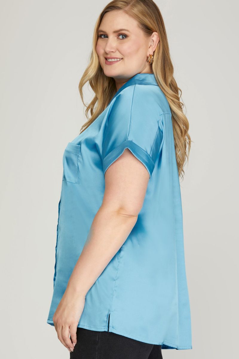 SATIN DROP SHOULDER BUTTON DOWN PLUS SIZE TOP SKPSY4838