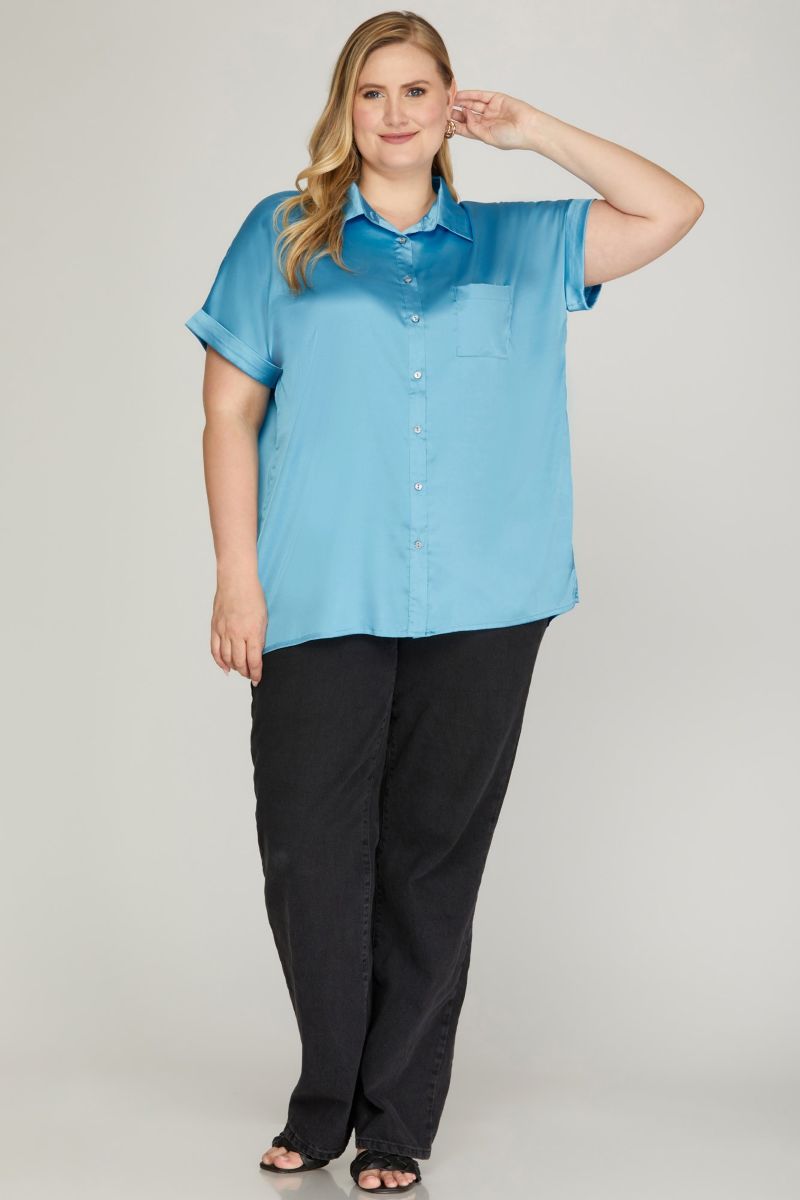 SATIN DROP SHOULDER BUTTON DOWN PLUS SIZE TOP SKPSY4838