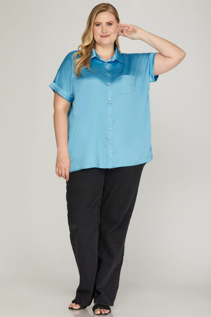 SATIN DROP SHOULDER BUTTON DOWN PLUS SIZE TOP SKPSY4838