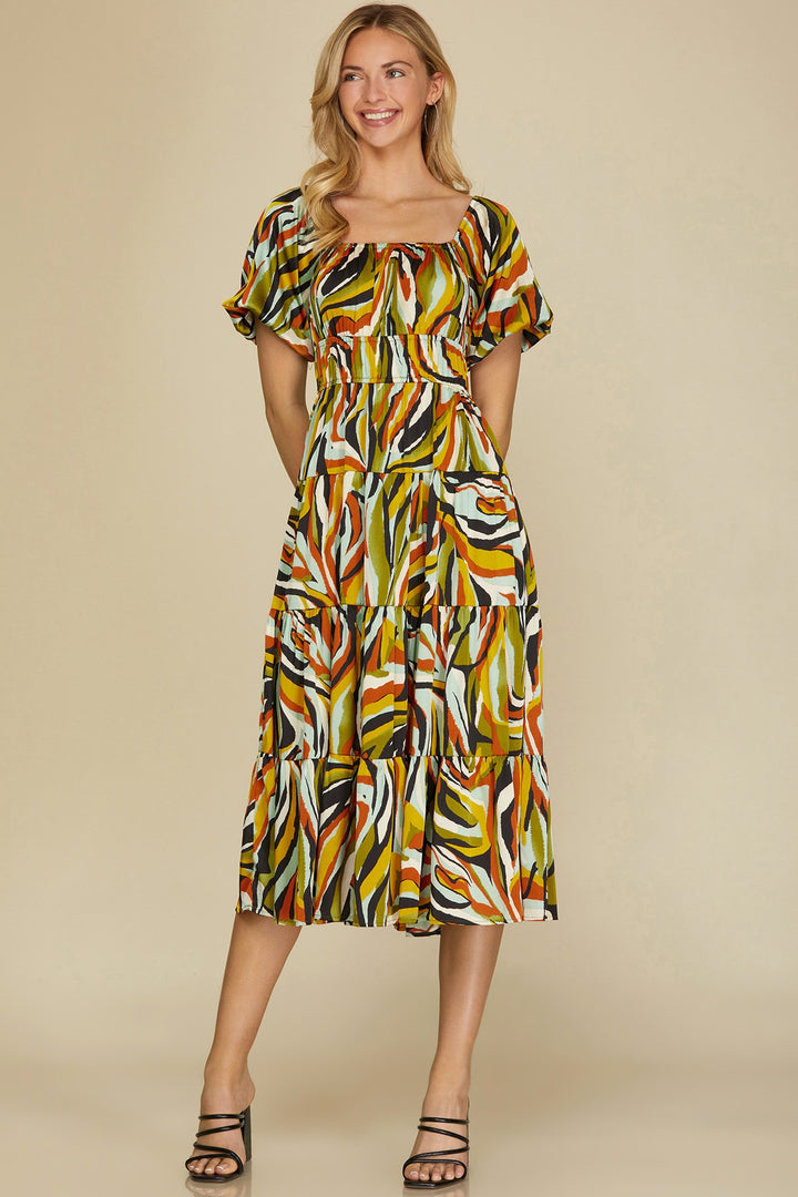 BUBBLE SLEEVE PRINT WOVEN TIERED MIDI DRESS