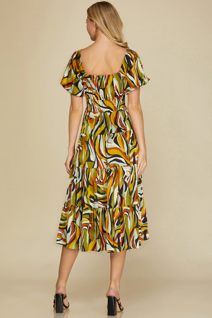 BUBBLE SLEEVE PRINT WOVEN TIERED MIDI DRESS