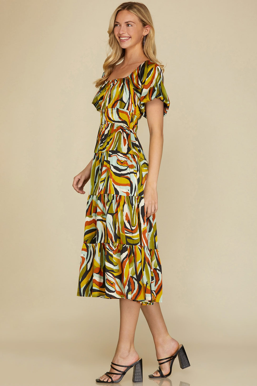 BUBBLE SLEEVE PRINT WOVEN TIERED MIDI DRESS