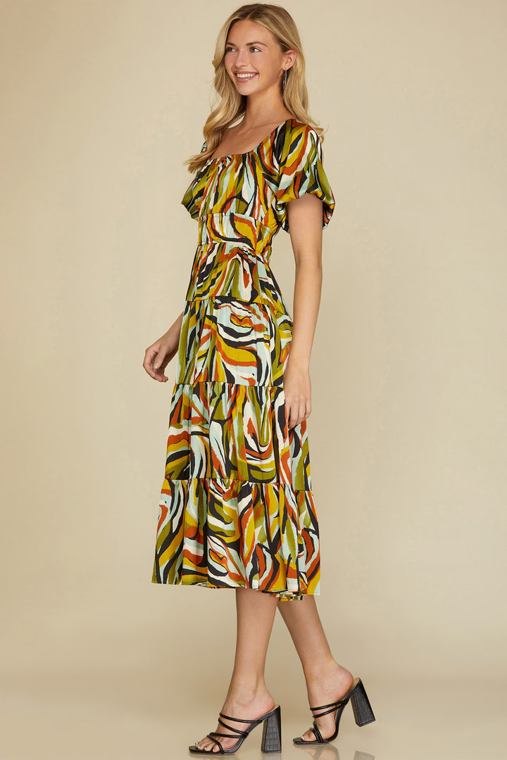 BUBBLE SLEEVE PRINT WOVEN TIERED MIDI DRESS