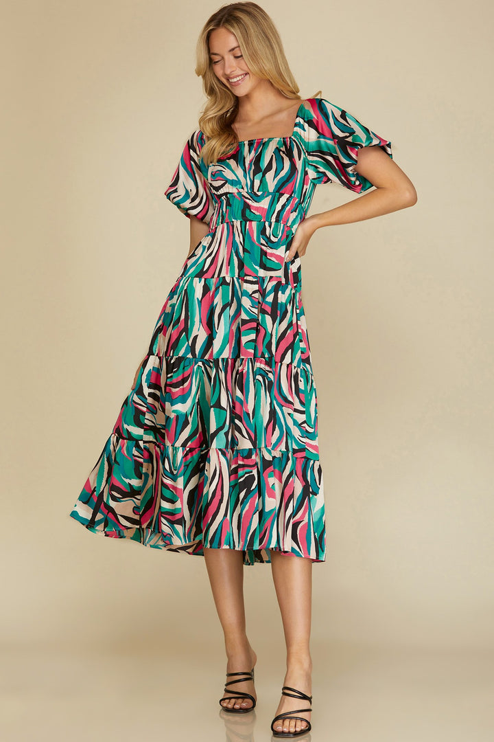 BUBBLE SLEEVE PRINT WOVEN TIERED MIDI DRESS