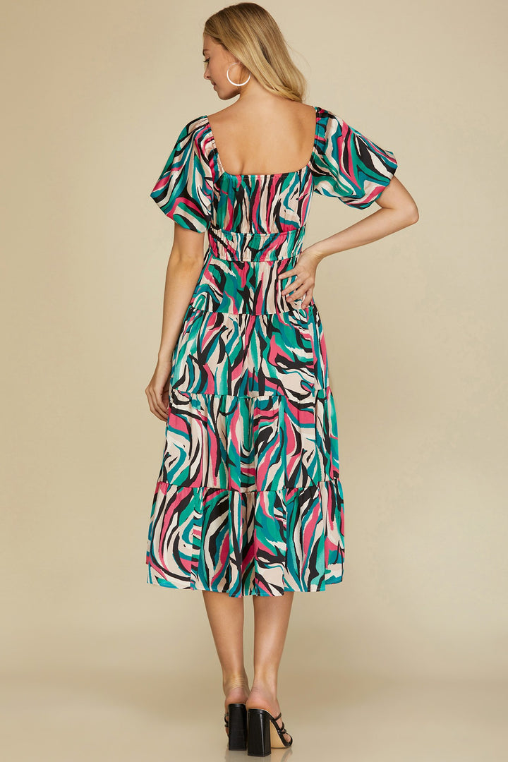BUBBLE SLEEVE PRINT WOVEN TIERED MIDI DRESS