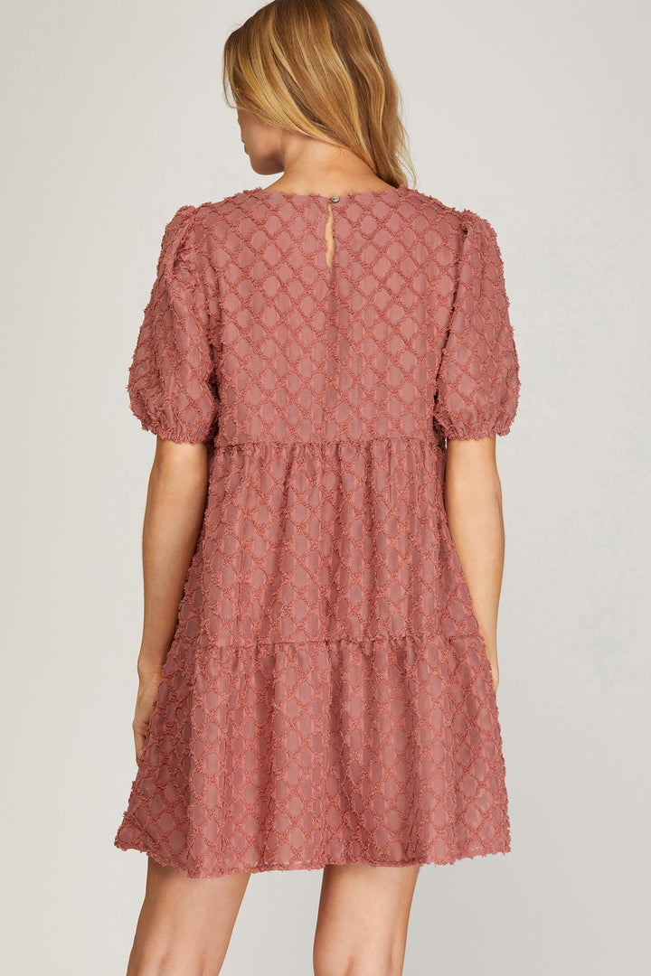 HALF PUFF SLEEVE TEXTURED WOVEN TIERED DRESS