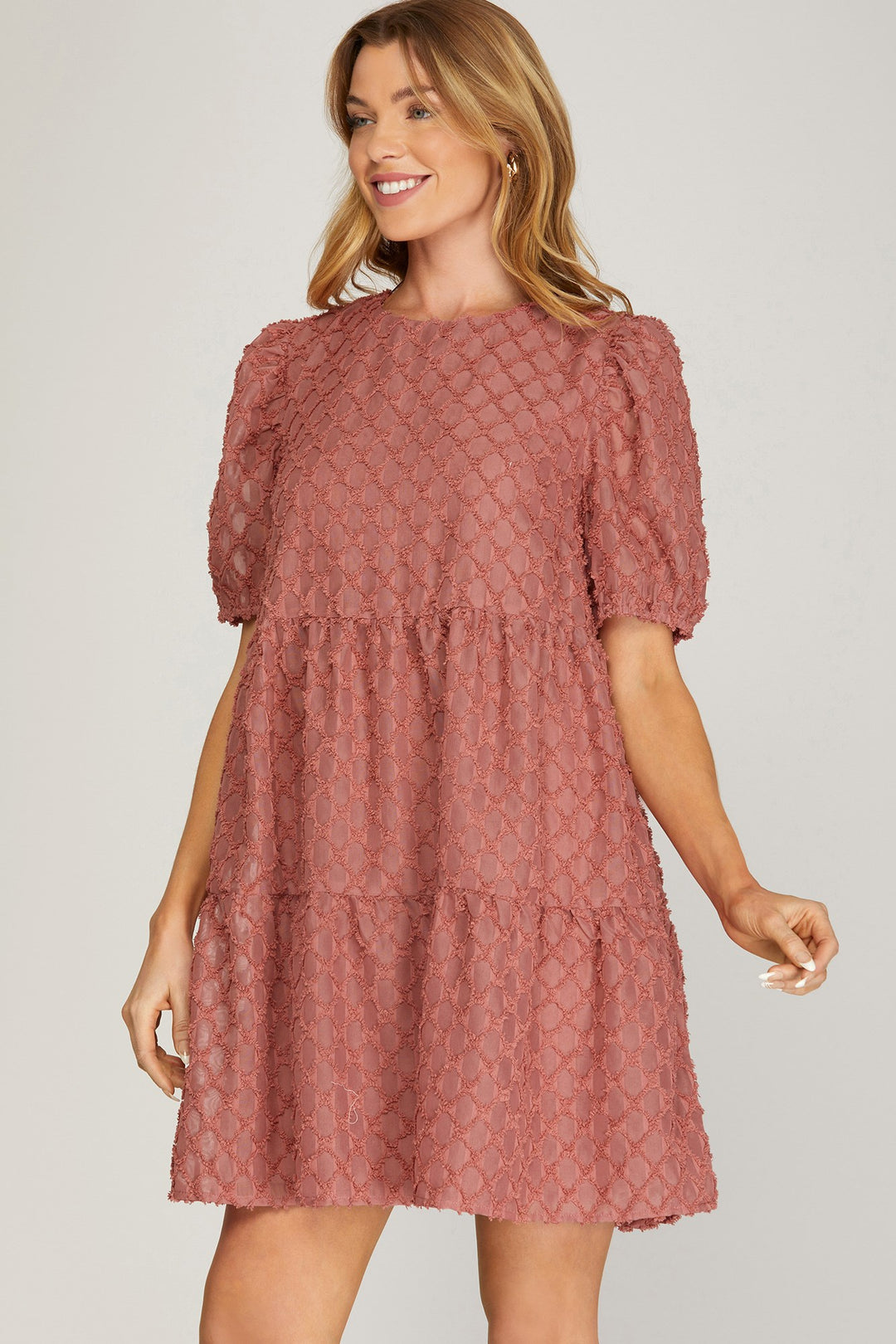 HALF PUFF SLEEVE TEXTURED WOVEN TIERED DRESS