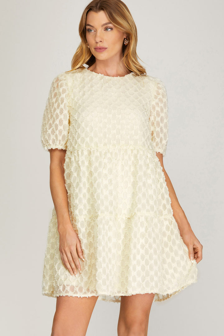 HALF PUFF SLEEVE TEXTURED WOVEN TIERED DRESS
