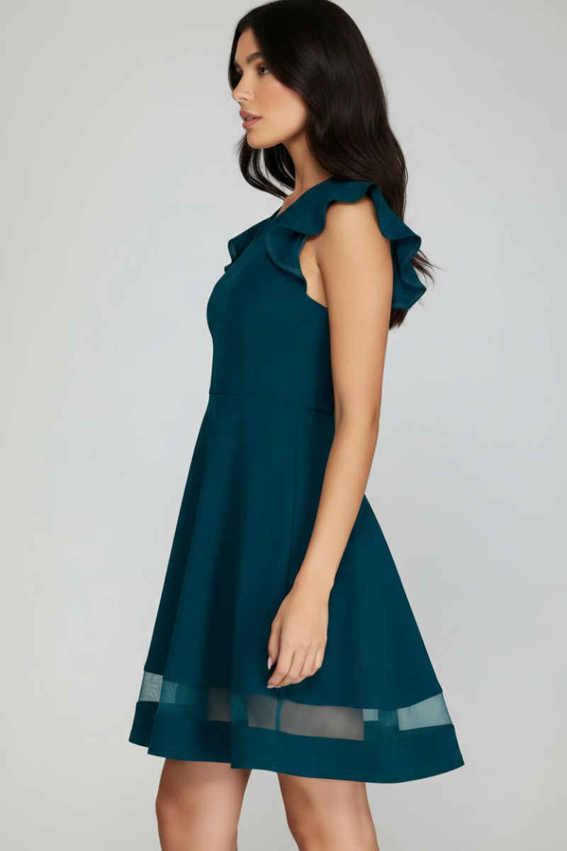RUFFLED CAP SLEEVE ORGANZA HEM DETAIL MINI DRESS SKSY5094