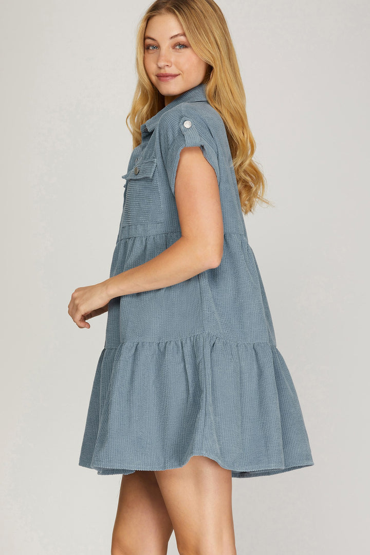 FOLDED DROP SHOULDER BUTTON DOWN CORDUROY DRESS