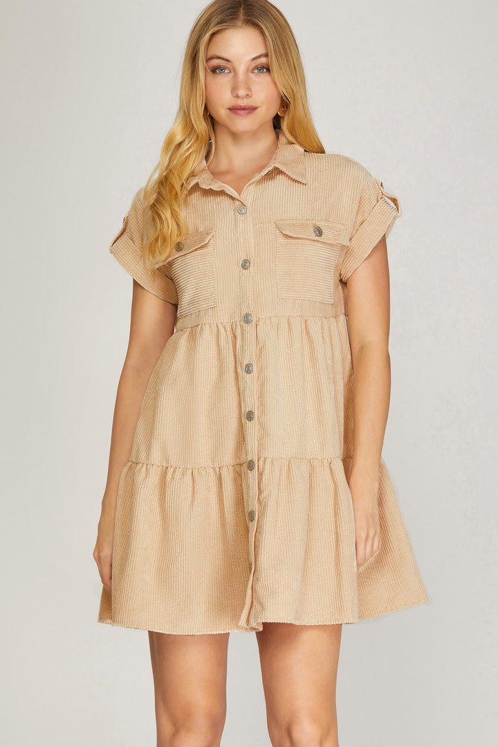 FOLDED DROP SHOULDER BUTTON DOWN CORDUROY DRESS