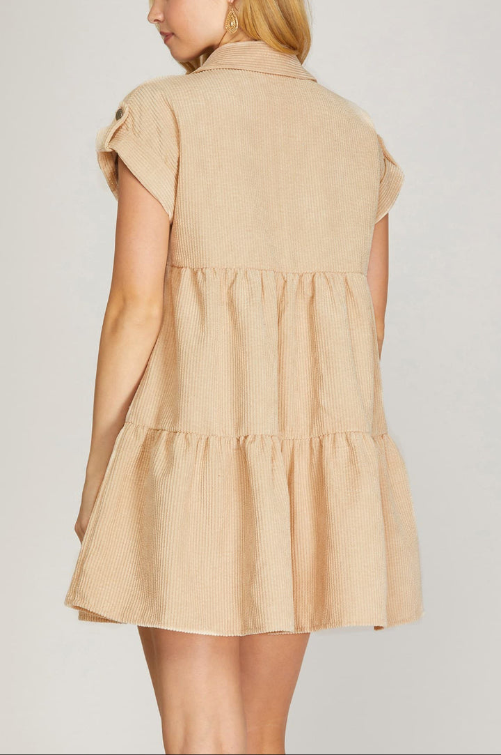 FOLDED DROP SHOULDER BUTTON DOWN CORDUROY DRESS