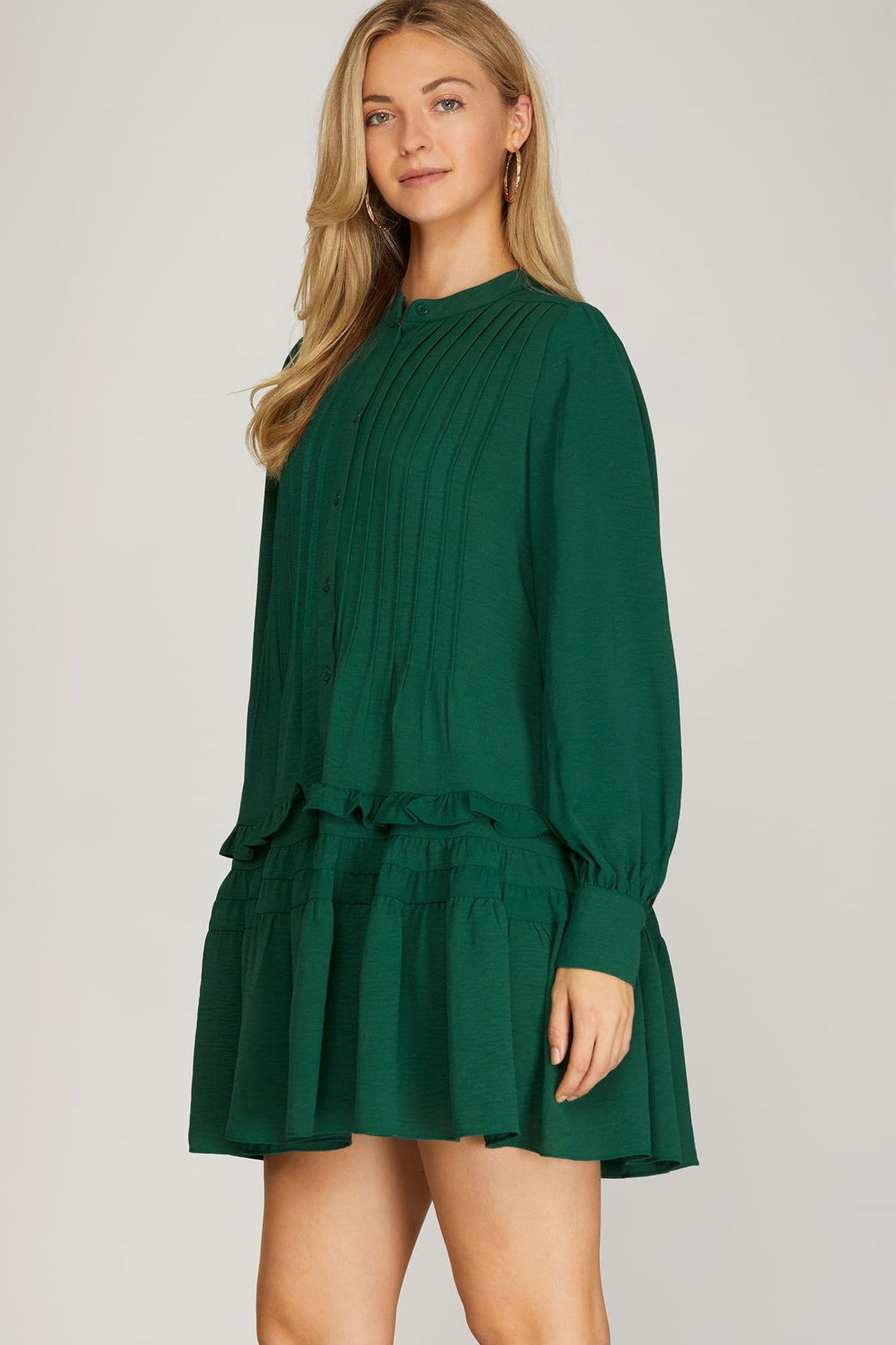 LONG SLEEVE BUTTON DOWN RUFFLED DRESS