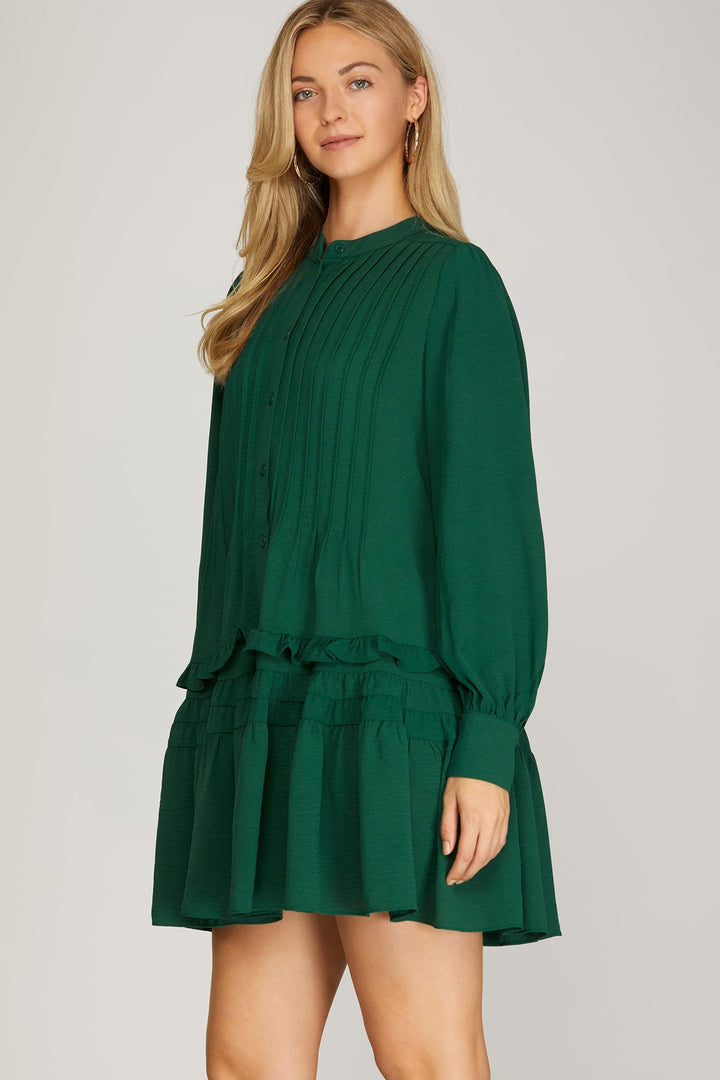 LONG SLEEVE BUTTON DOWN RUFFLED DRESS
