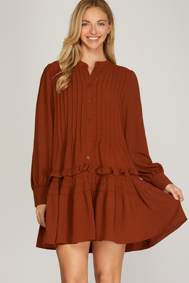 LONG SLEEVE BUTTON DOWN RUFFLED DRESS