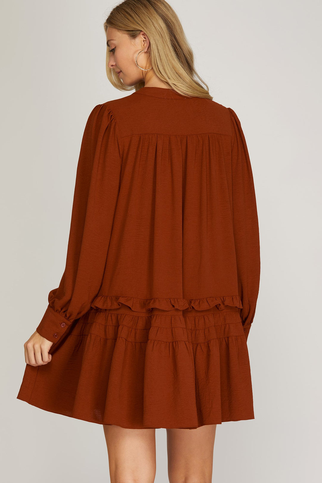 LONG SLEEVE BUTTON DOWN RUFFLED DRESS