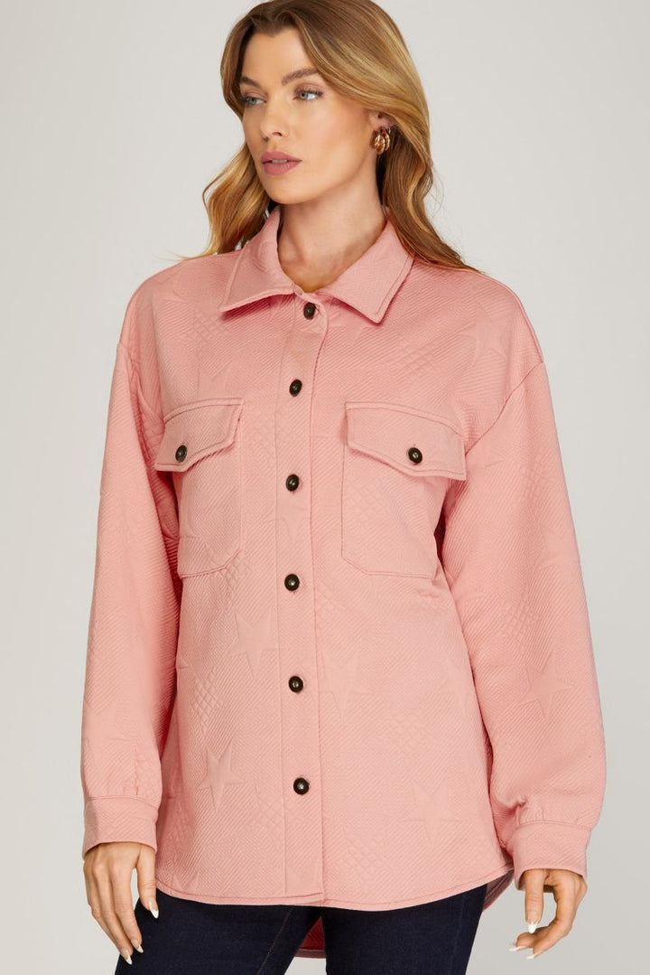 ROSE PINK STAR PATTERNED HEAVY KNIT SHIRT JACKET SKSY4699