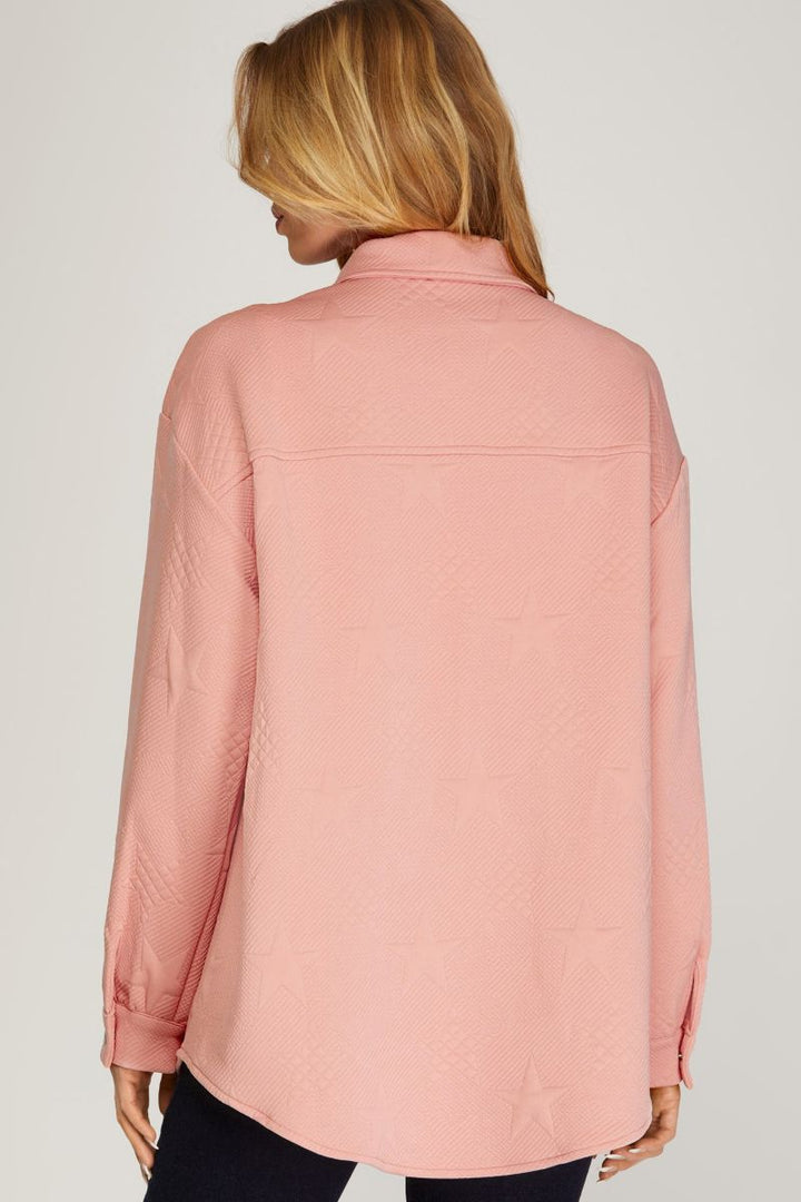 ROSE PINK STAR PATTERNED HEAVY KNIT SHIRT JACKET SKSY4699