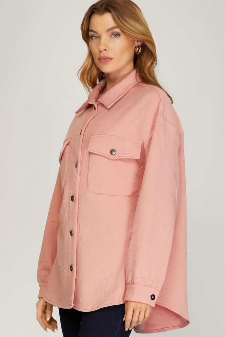 ROSE PINK STAR PATTERNED HEAVY KNIT SHIRT JACKET SKSY4699