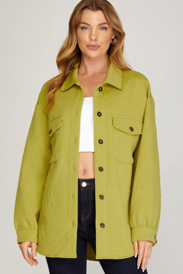 LIME STAR PATTERNED HEAVY KNIT SHIRT JACKET SKSY4699