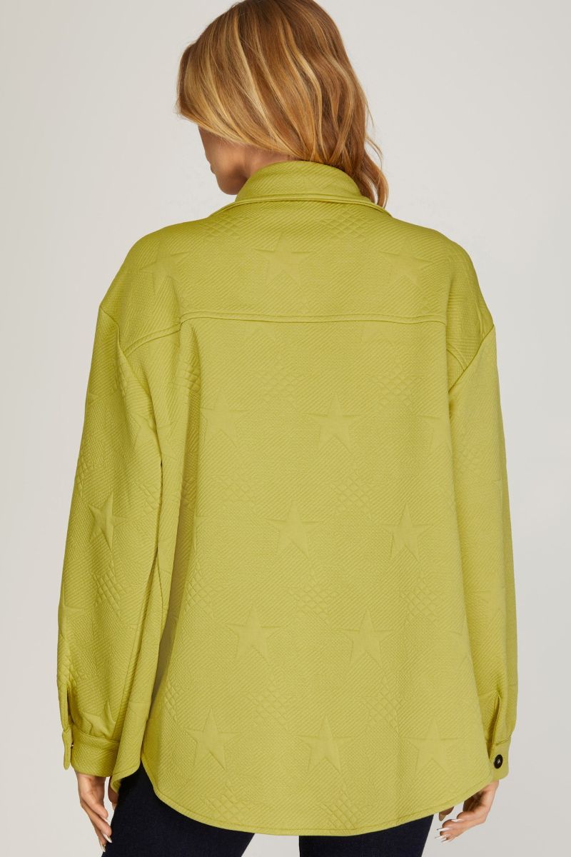 LIME STAR PATTERNED HEAVY KNIT SHIRT JACKET SKSY4699